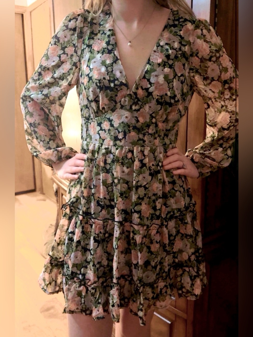 New Floral V-Neck Long Sleeve Mini Dress - Pink/Green